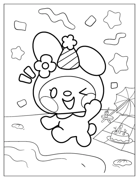 My Melody se détend au bord de l’eau, sur le sable.