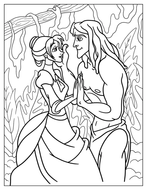 Tarzan hledí s láskou na Jane v džungli.