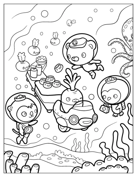Kapitan Barnacles, Shellington i Vegimals z Octonauts stoją razem.