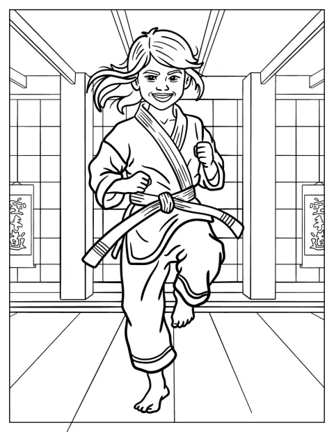 Realistic Girl Doing Karate in a Dojo Coloring Page
