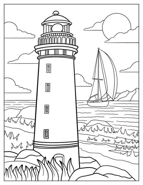 Un phare se dresse sur la côte, avec un bateau visible au loin.
