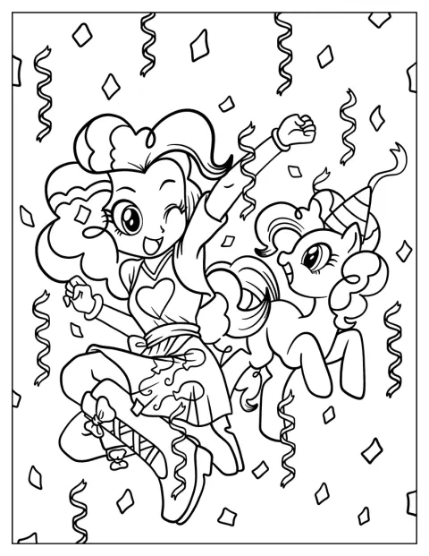 Equestria Girls Pinkie Pie staat naast haar ponyversie.