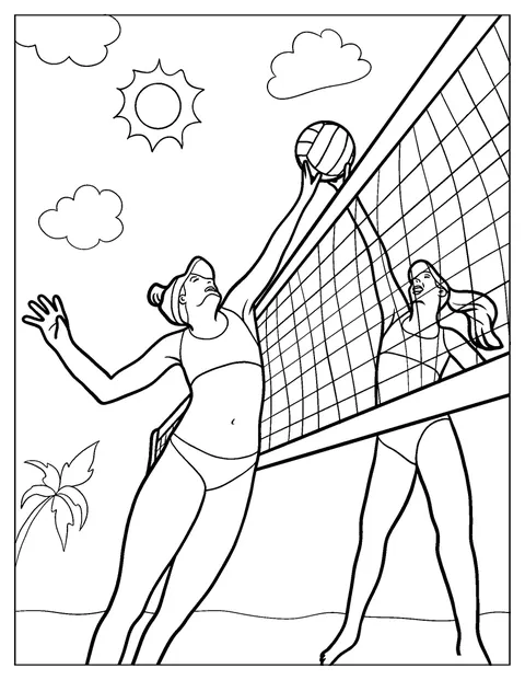 Uma mulher bloqueia a bola de voleibol por cima da rede.