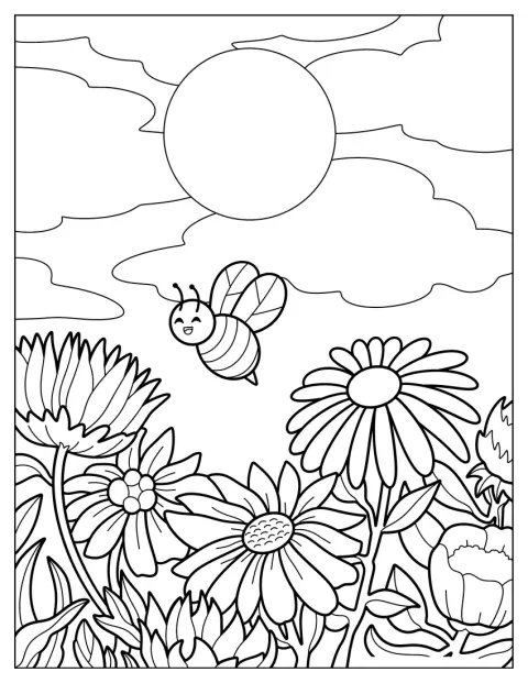 Happy Bee Coloring Page Flying Over Daisies