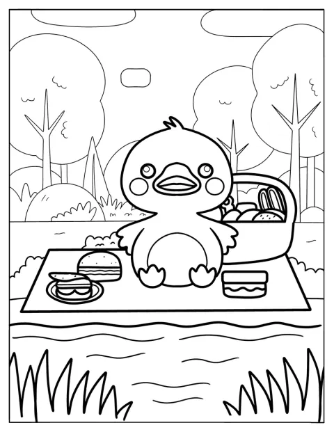 Un patito lleva una cesta con comida para un pícnic.