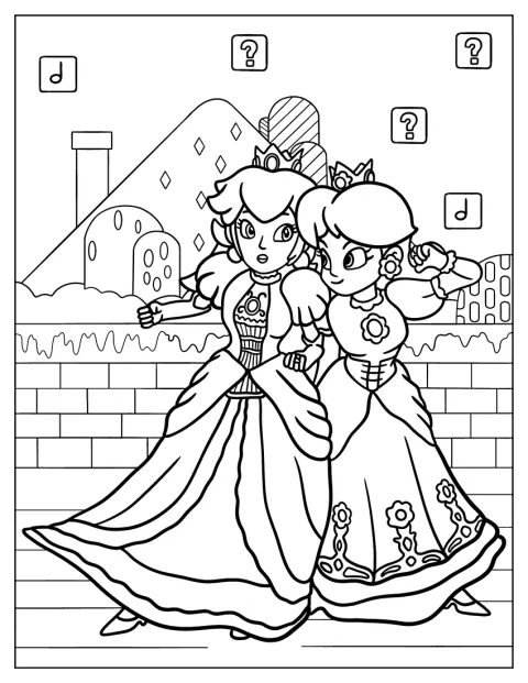 Princess Peach en Princess Daisy staan samen in de wereld van Super Mario Bros.