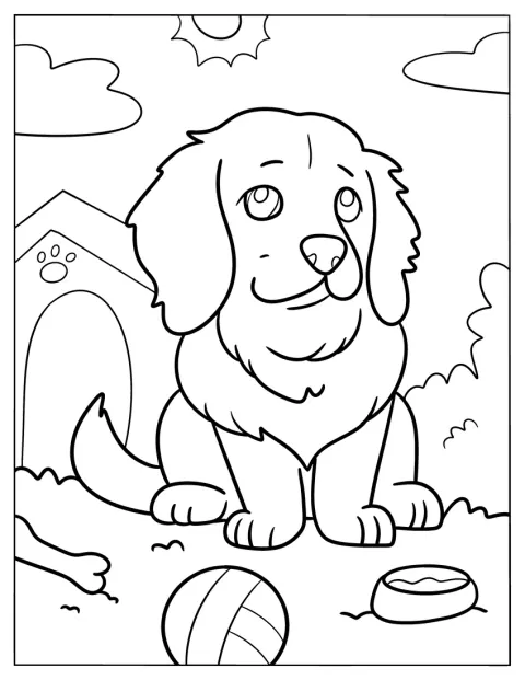 Un cucciolo di Golden Retriever è seduto davanti alla sua cuccia.