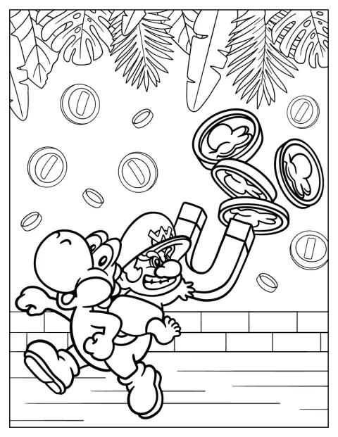 Baby Wario rir på Yoshi mens de samler mynter.