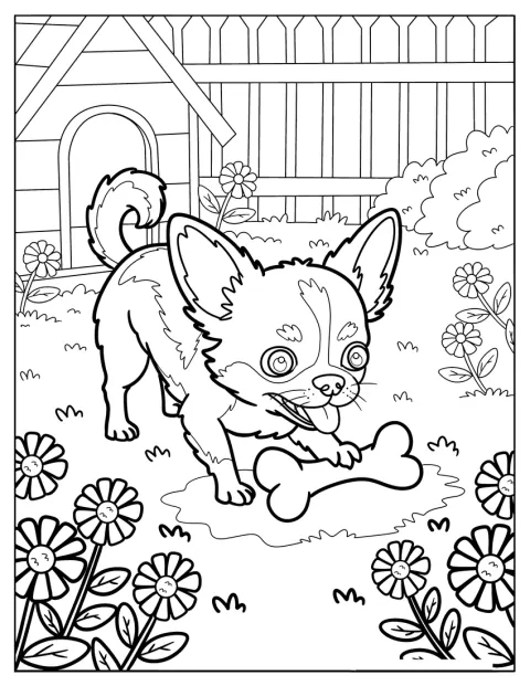 En liten chihuahuavalp leker med ett ben i trädgården.