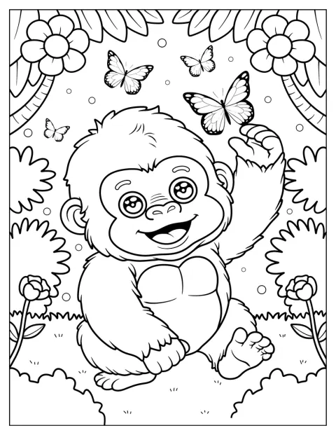 En liten gorilla sträcker sig efter fjärilar i trädgården.