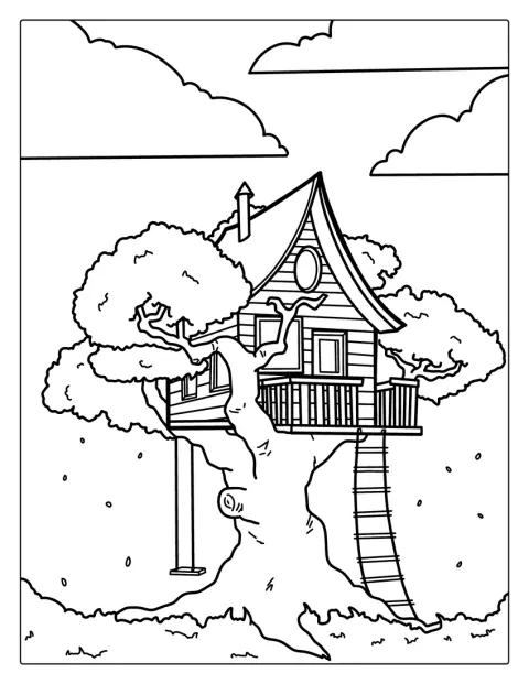 Ein kleines Baumhaus befindet sich hoch oben in einem Baum.