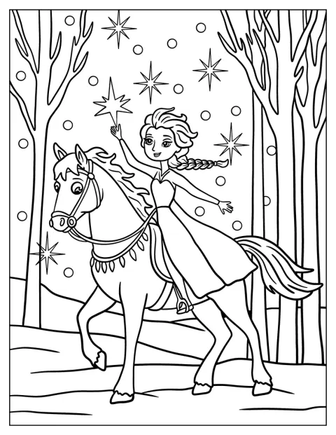 Elsa ratsastaa hevosella lumisessa satumetsässä.