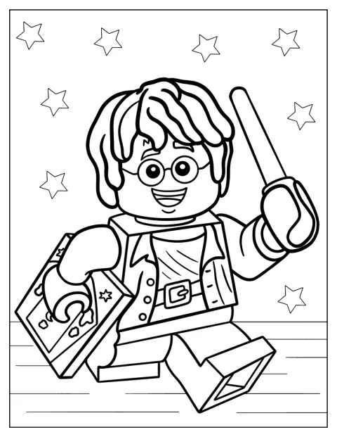 Harry Potter fra LEGO løfter sin tryllestav.