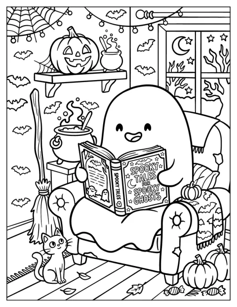 Nerdy Ghost Reading Spooky Tales on Halloween
