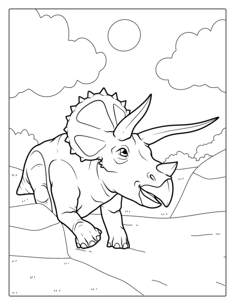 Un tricératops montre ses trois cornes et sa large collerette.