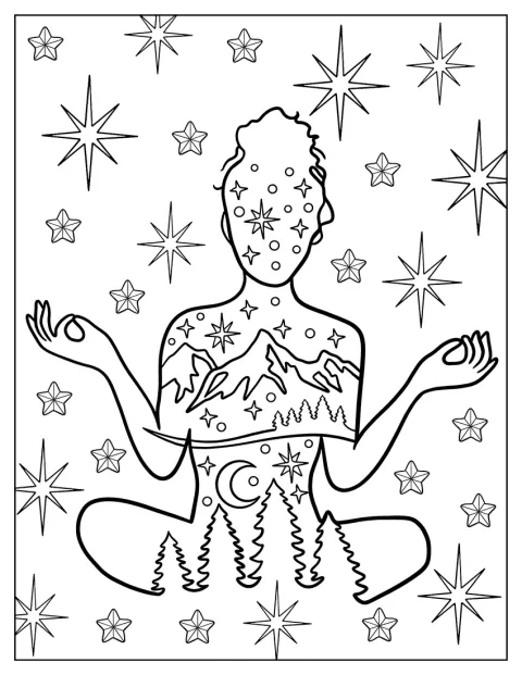 En kvindesilhuet laver yoga under stjernerne med bjerge i baggrunden.