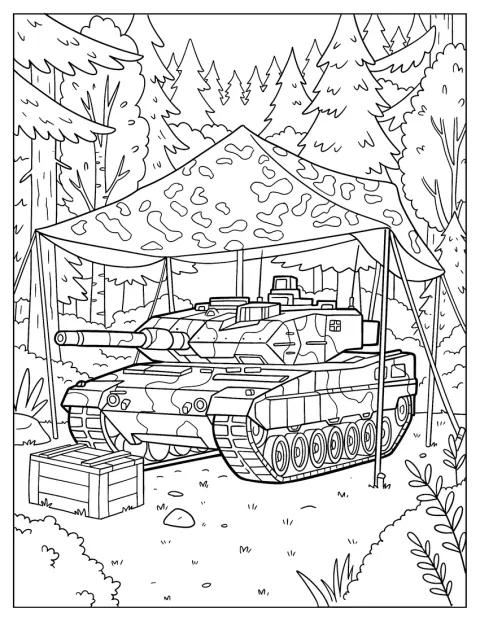 In una foresta, un carro armato è riparato sotto una tettoia mimetica.