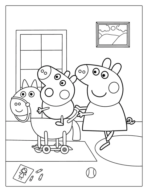 Peppa i George bawią się razem na zabawkowym koniku.