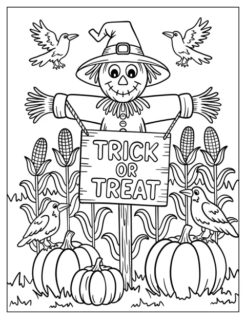 Eine Vogelscheuche hält zwischen Kürbissen und Maisstängeln ein Halloween-Schild.
