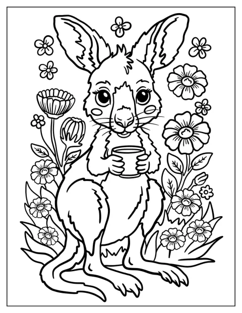 Ein niedliches Kängurubaby hält eine Tasse, umgeben von blühenden Blumen.
