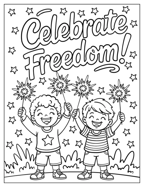 Dois rapazes agitam uma bandeira dos Estados Unidos sob as palavras «Celebrate Freedom».