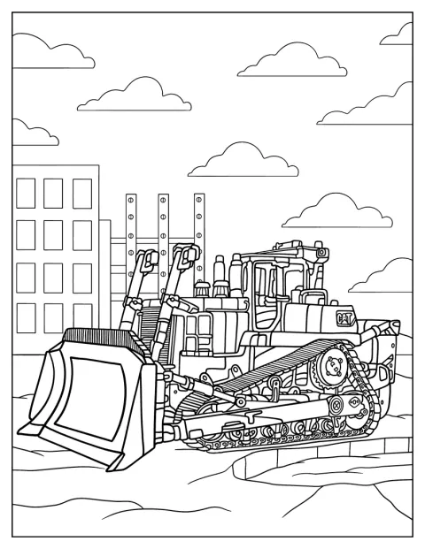 Um bulldozer Cat de rastos trabalha num estaleiro de construção na cidade.