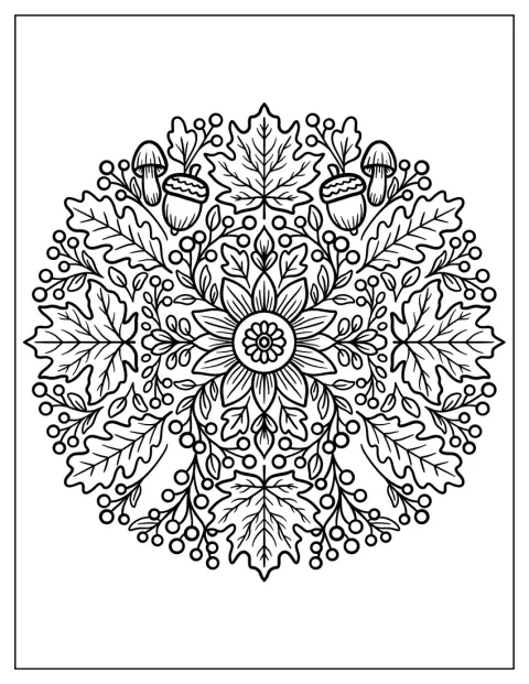 Herfstbladeren en bessen vormen samen een gedetailleerde mandala.