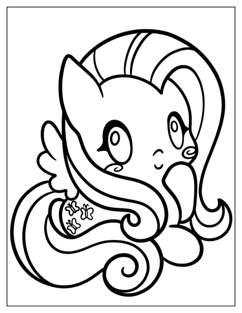 Fluttershy aparece de frente, com um desenho simples.
