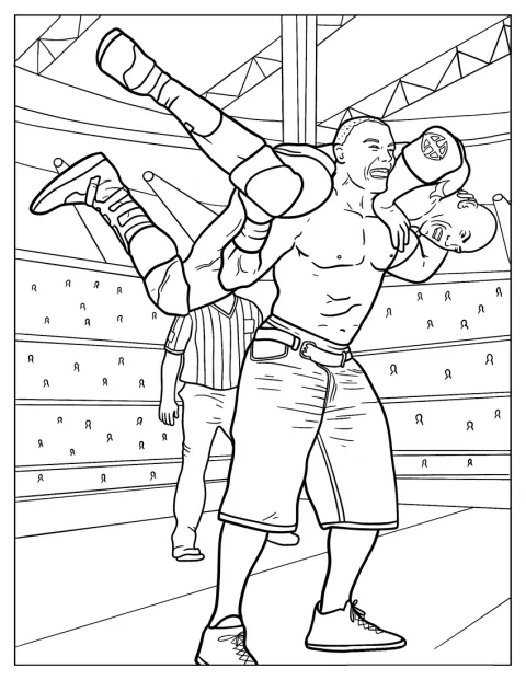 John Cena bærer en wrestler over skuldrene i et brandmandsløft.