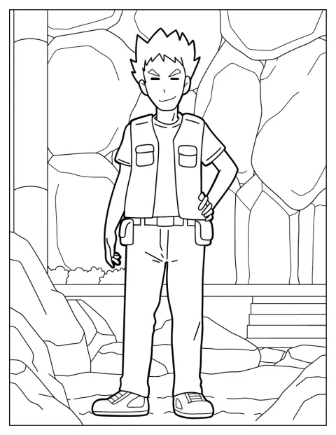 Brock posa con le mani sui fianchi e il suo sguardo determinato.