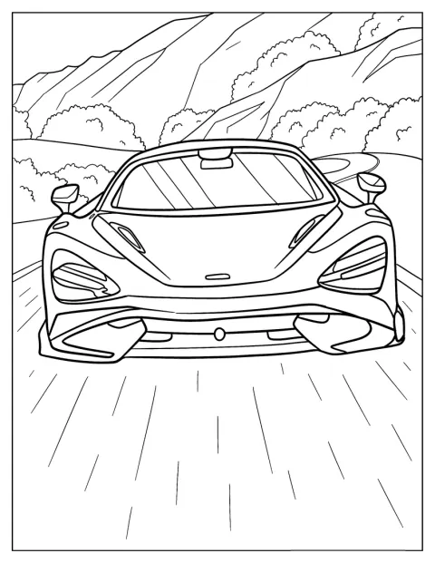 McLaren 765LT este privit din față, cu farurile și bara vizibile.