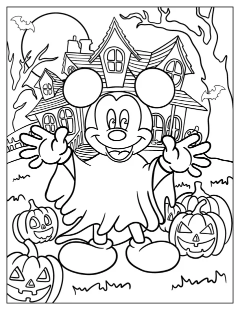 Déguisé en fantôme, Mickey Mouse se tient devant une maison hantée.