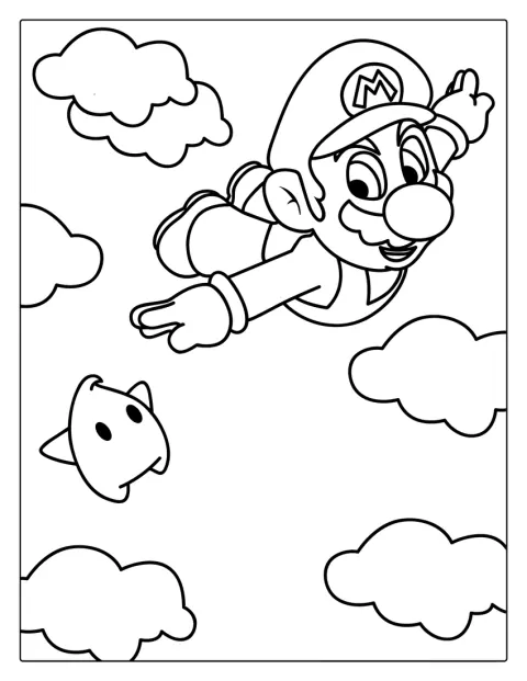 Mario a levegőben repül, kezében egy Szupercsillaggal.
