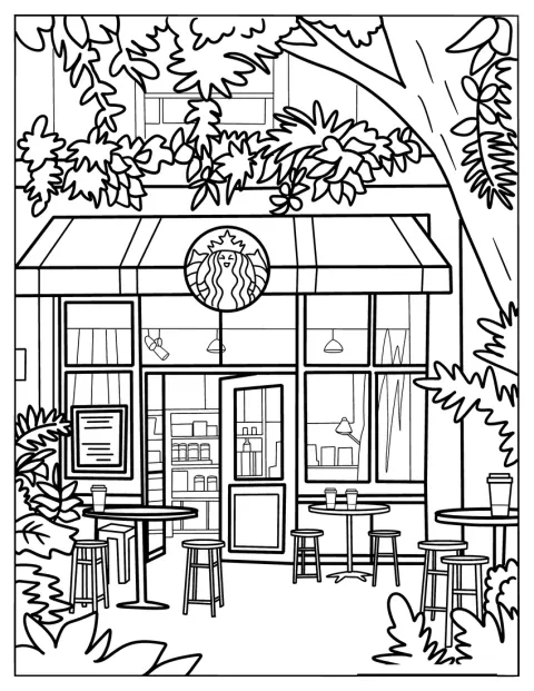 En Starbucks-cafés detaljerede facade ses fra gaden.