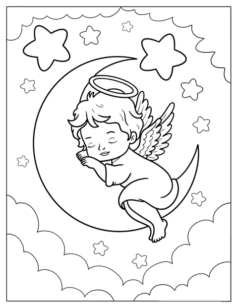 天使が星と雲に囲まれ、三日月の上ですやすや眠っています。
