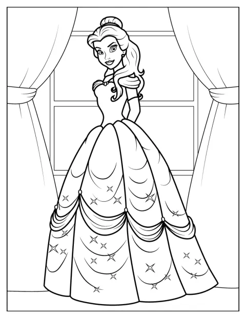 Prinsessa Belle poseeraa kauniissa juhlapuvussa.
