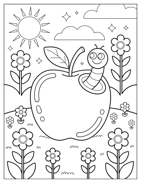 Uma minhoca sorridente espreita de uma maçã, entre flores e sol.