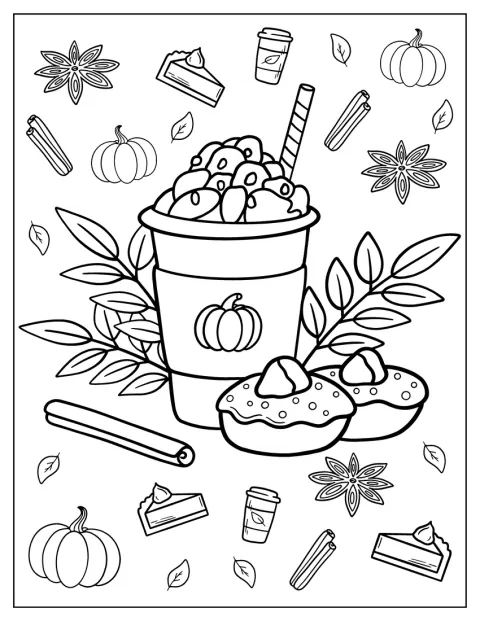 En pumpakryddad latte serveras med bakverk bland höstdekorationer.