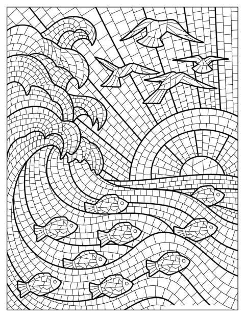 De grands rouleaux déferlent, tandis que des poissons et des oiseaux les entourent.