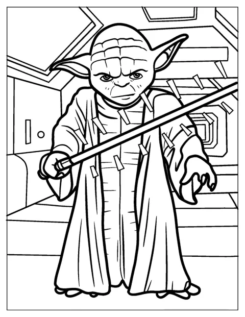 Yoda vecht met zijn lichtzwaard in een galactisch avontuur.