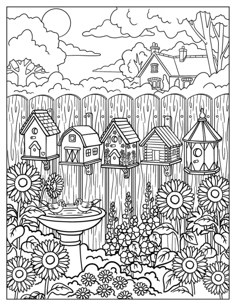 Mehrere Vogelhäuschen stehen zwischen Blumen und Gartenpflanzen.