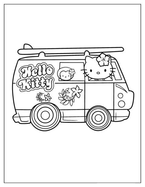 ハローキティのキャラクターが描かれたキャンピングカーが停まっています。