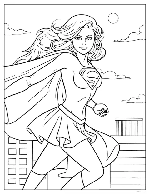 Kreskówkowa Supergirl unosi się wysoko na niebie.
