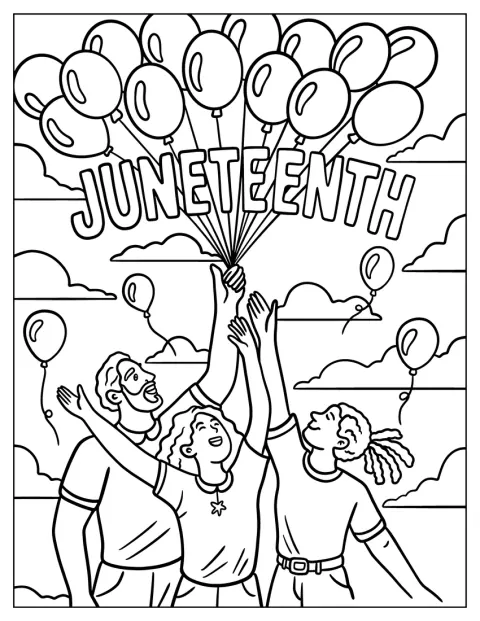 Egy csoport Juneteenth feliratú lufikat tart a magasba.