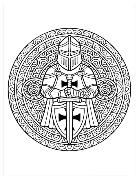 Un caballero con armadura aparece rodeado de motivos ornamentales de estilo mandala.