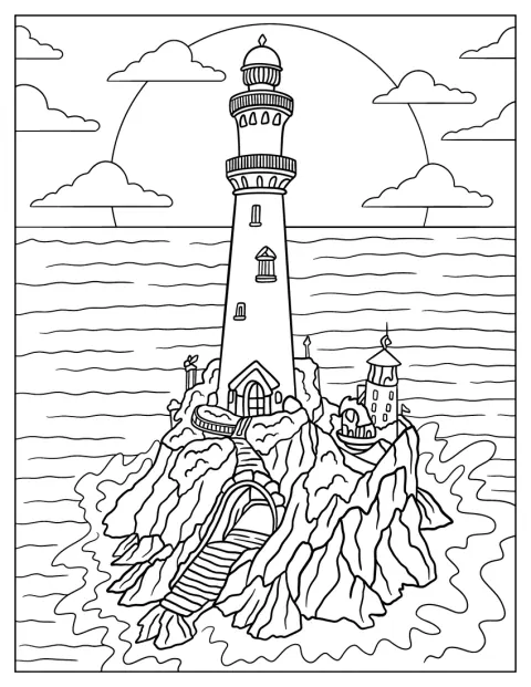 Eine lange Steintreppe führt auf einer kleinen Insel zu einem Leuchtturm hinauf.