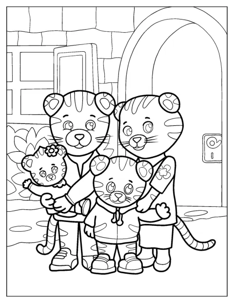 Daniel Tiger pozuje z rodziną przed ich domem.