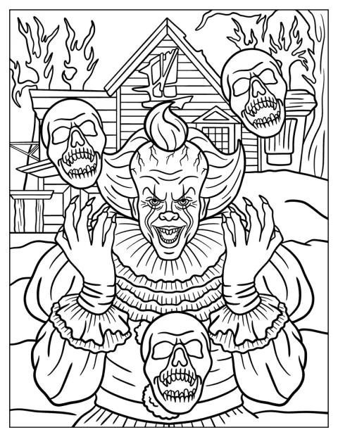 Pennywise se směje před strašidelným domem, kolem něj leží lebky.