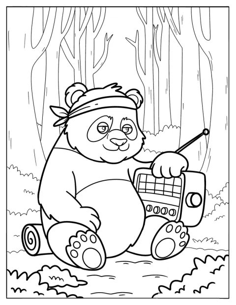 En panda lytter til en boombox i en retro skog.