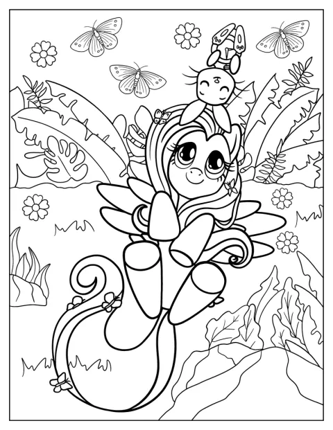 Fluttershy makaa nurmikolla pienen pupun vieressä.